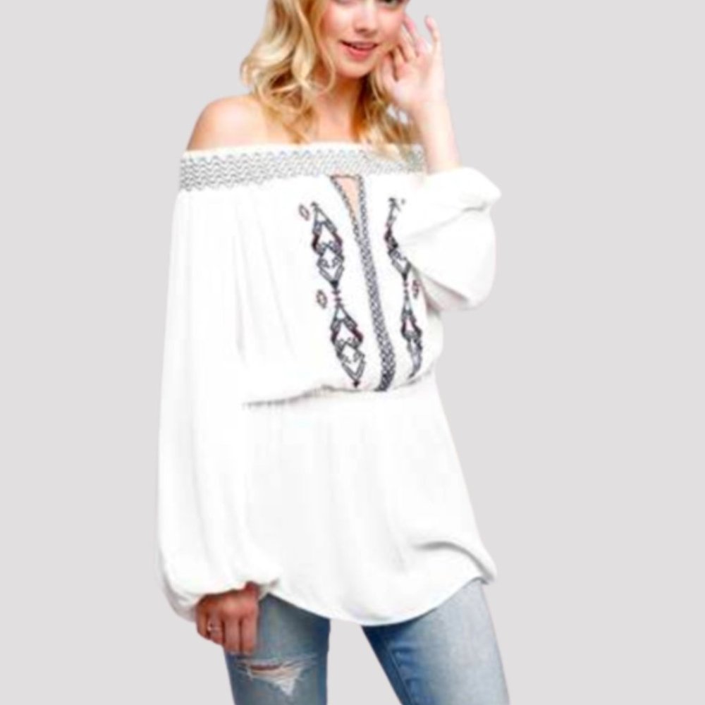 Abbeline Off-Shoulder Gauze Embroidered Boho Blouse, S NWT